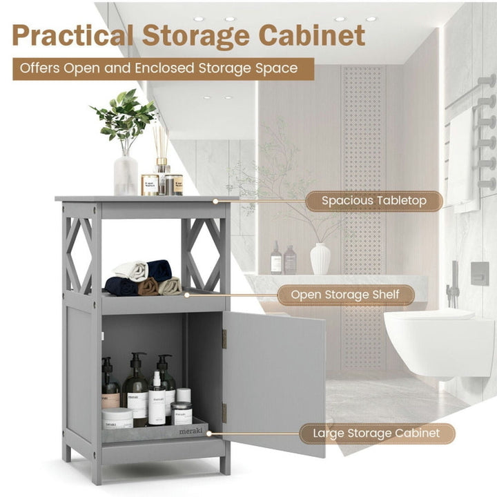 Hommoo Bathroom Floor Cabinet Side Storage Organizer with Open Shelf and Single Door-Gray Image 4