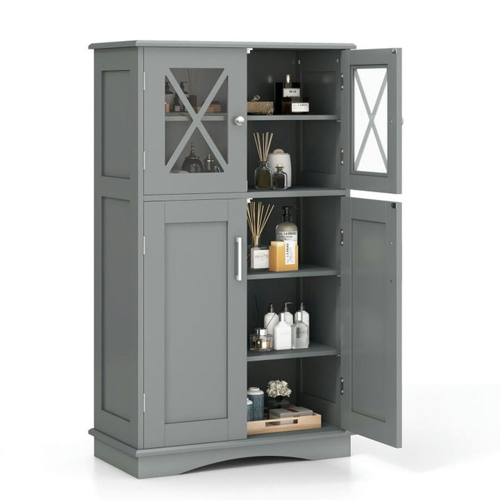 Hommoo 4 Doors Freeestanding Bathroom Floor Cabinet with Adjustable Shelves-Gray Image 1