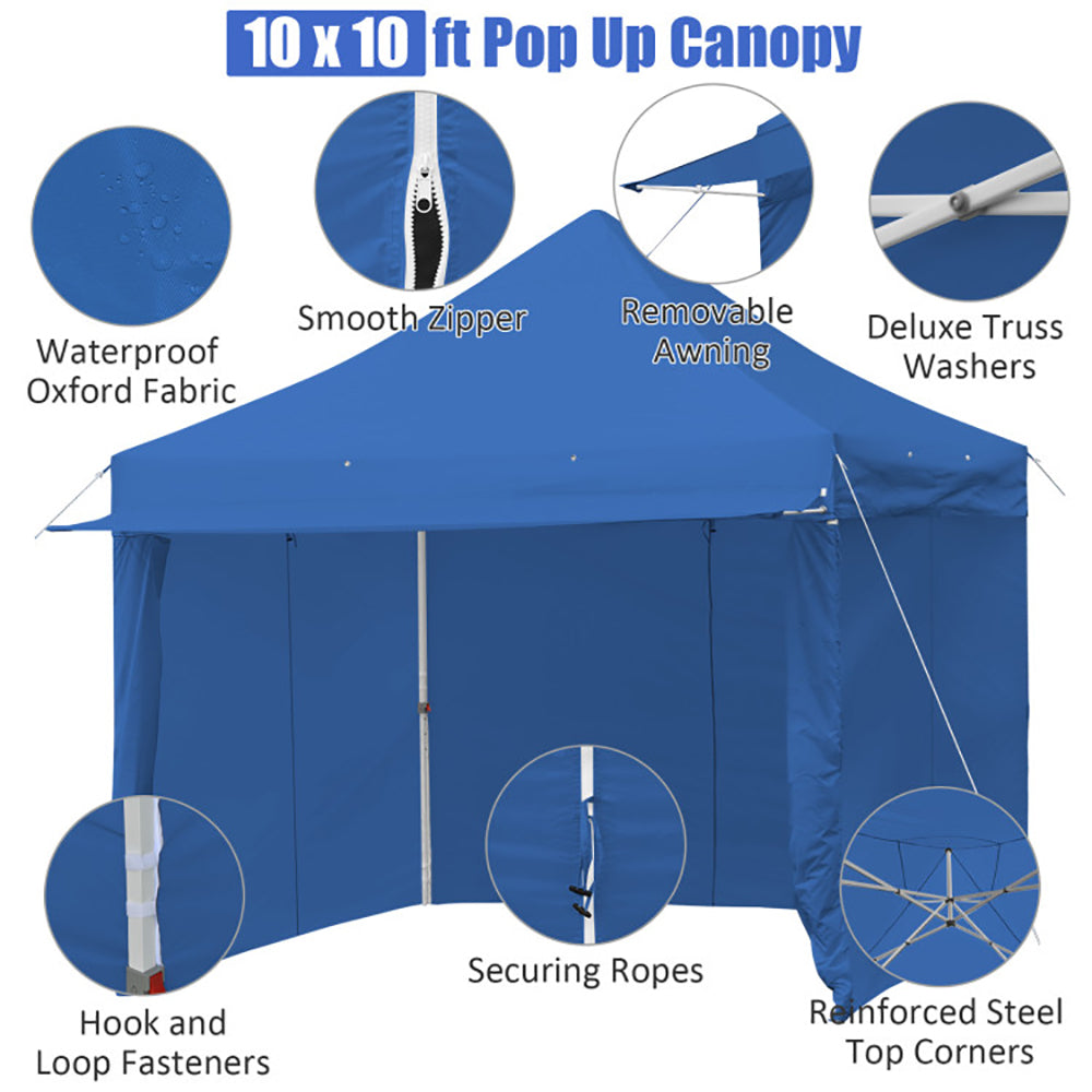 Hommoo 10 x 10 Feet Pop-up Gazebo with 5 Removable Zippered Sidewalls and Extended Awning-Blue,for Outside Party Image 2