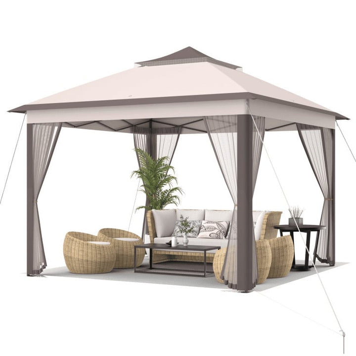 Hommoo 11 x 11 Feet 2-Tier Pop-Up Gazebo Tent Portable Canopy Shelter Carry Bag Mesh-Beige,for Outside Party Waterproof Image 1