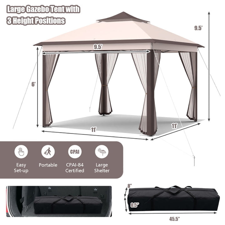 Hommoo 11 x 11 Feet 2-Tier Pop-Up Gazebo Tent Portable Canopy Shelter Carry Bag Mesh-Beige,for Outside Party Waterproof Image 3