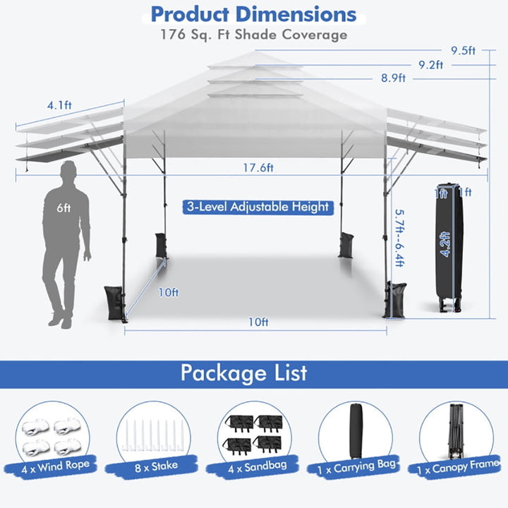 Hommoo 10 x 17.6 Feet Outdoor Instant Pop-up Canopy Tent with Dual Half Awnings-White,for Outside Party Waterproof Tent Image 5