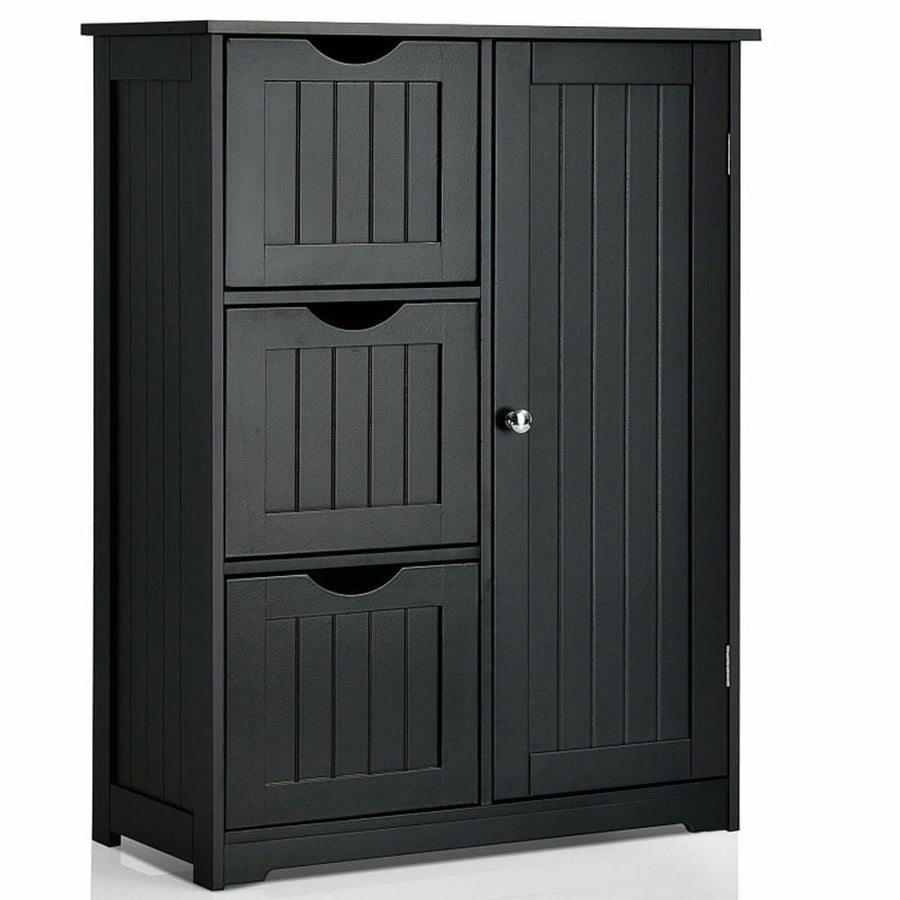 Hommoo Bathroom Floor Cabinet Side Storage Cabinet with 3 Drawers and 1 Cupboard-Black Image 1