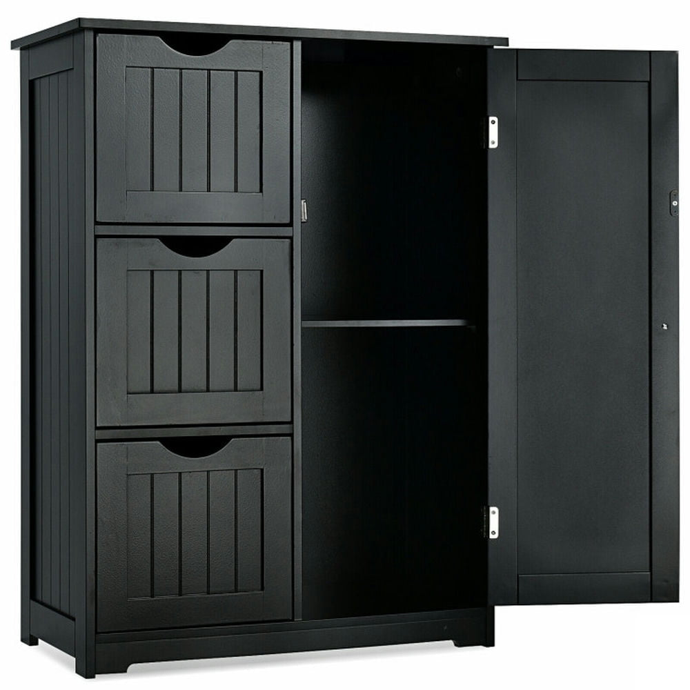 Hommoo Bathroom Floor Cabinet Side Storage Cabinet with 3 Drawers and 1 Cupboard-Black Image 2