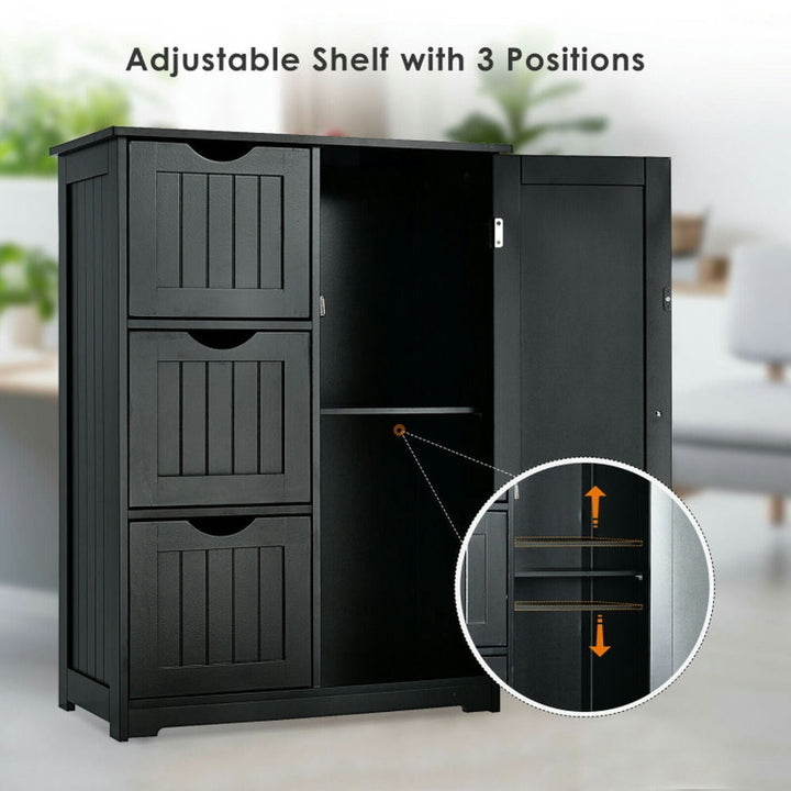 Hommoo Bathroom Floor Cabinet Side Storage Cabinet with 3 Drawers and 1 Cupboard-Black Image 3