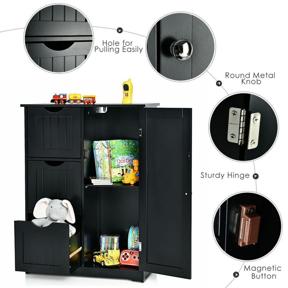 Hommoo Bathroom Floor Cabinet Side Storage Cabinet with 3 Drawers and 1 Cupboard-Black Image 5