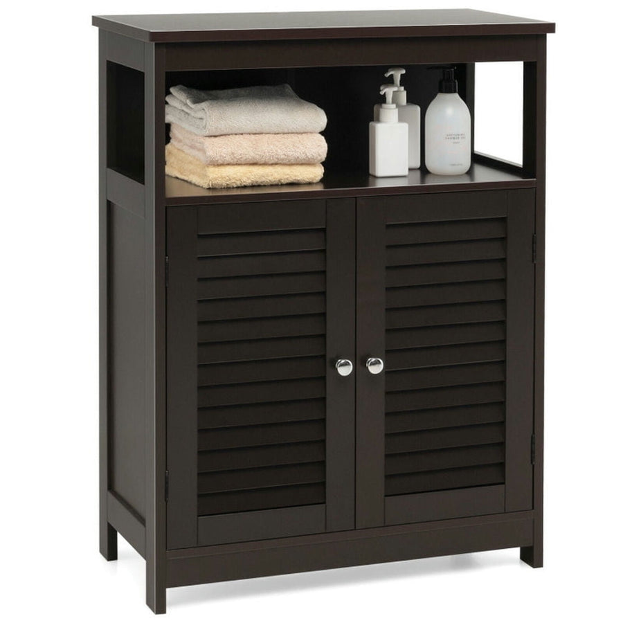 Hommoo Wood Freestanding Bathroom Storage Cabinet with Double Shutter Door-Brown Image 1