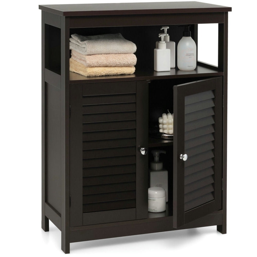 Hommoo Wood Freestanding Bathroom Storage Cabinet with Double Shutter Door-Brown Image 2