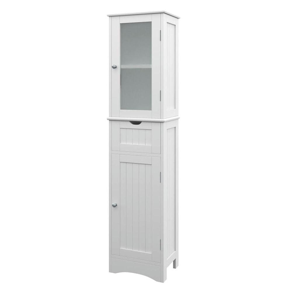 Hommoo Tall Floor Storage Cabinet with 2 Doors and 1 Drawer for Bathroom-White Image 1