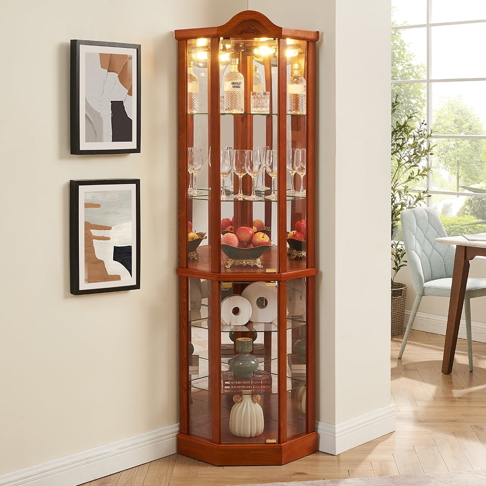 Hommoo Glass Cabinet Lighted Corner Cabinet, Oak Finish, Push-to-Open Door, Large Capacity, 16.73"L x 16.73"W x 71.93"H Image 1