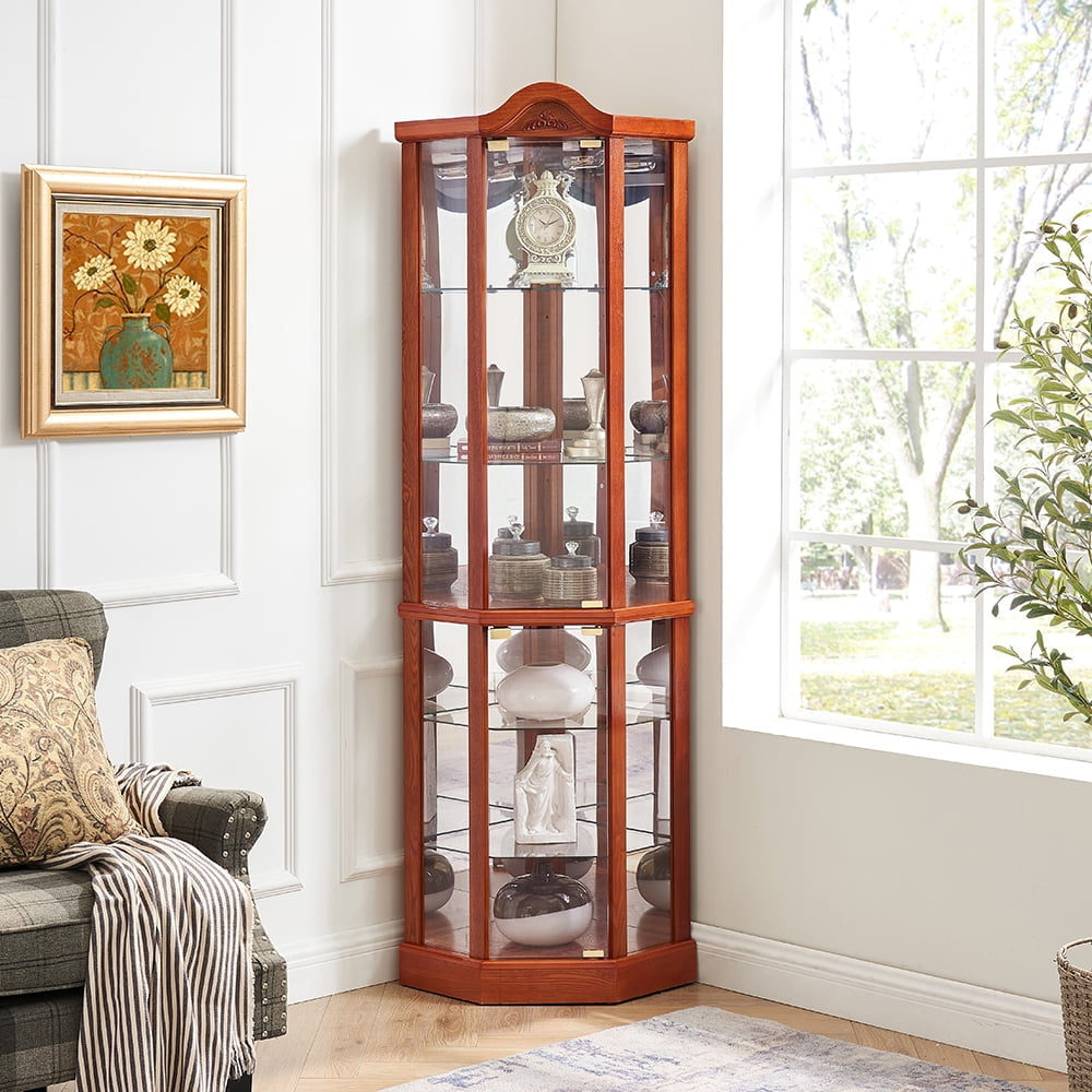 Hommoo Glass Cabinet Lighted Corner Cabinet, Oak Finish, Push-to-Open Door, Large Capacity, 16.73"L x 16.73"W x 71.93"H Image 2