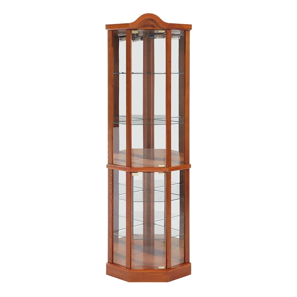 Hommoo Glass Cabinet Lighted Corner Cabinet, Oak Finish, Push-to-Open Door, Large Capacity, 16.73"L x 16.73"W x 71.93"H Image 5