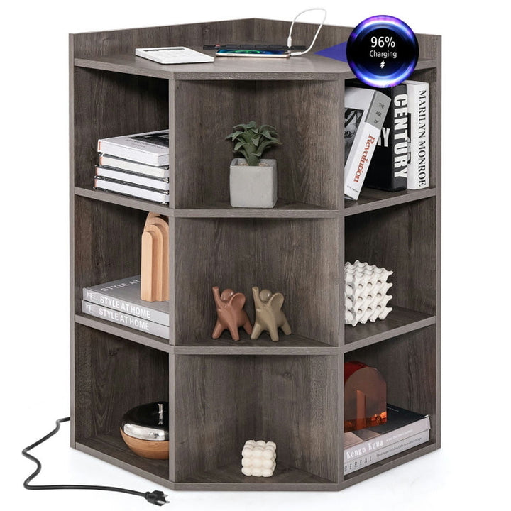 Hommoo 3-Tier Corner Cabinet with Charging Station for Bedroom-Gray Image 1