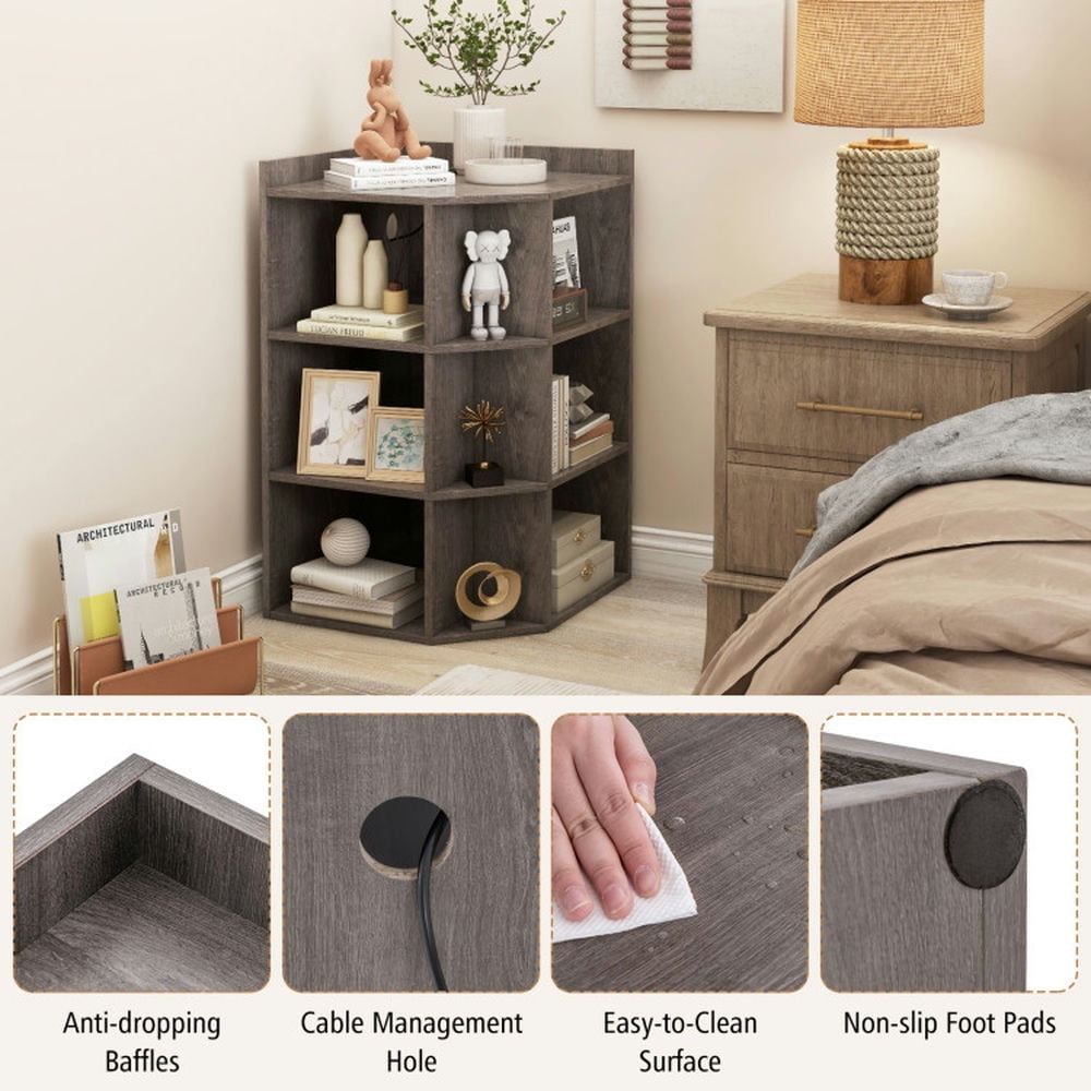 Hommoo 3-Tier Corner Cabinet with Charging Station for Bedroom-Gray Image 3