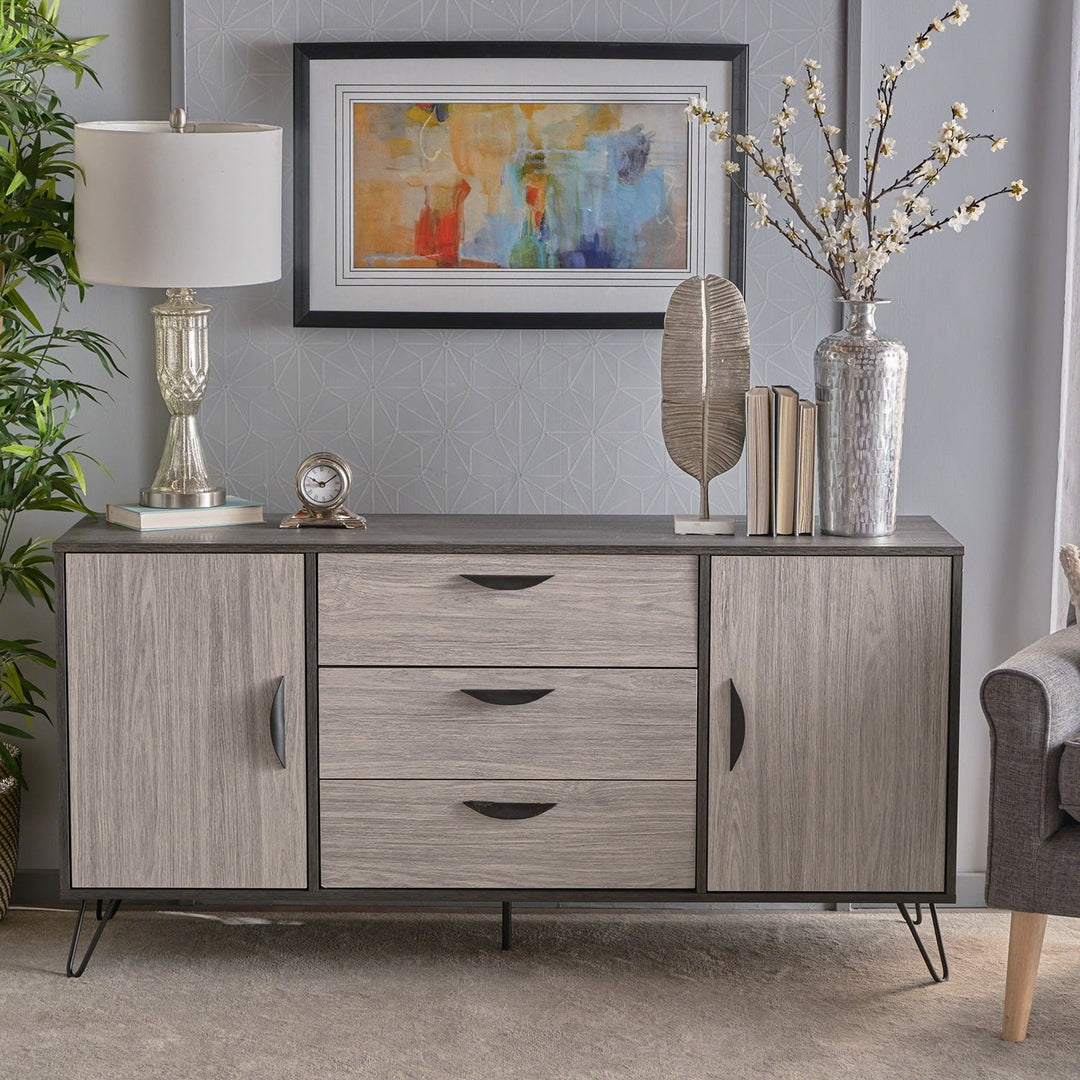 Hommoo Mid-Century Multi-Function Cabinet with Hairpin Iron Legs, 3 Drawers, and 2 Shelves - Grey Oak Finish Image 1