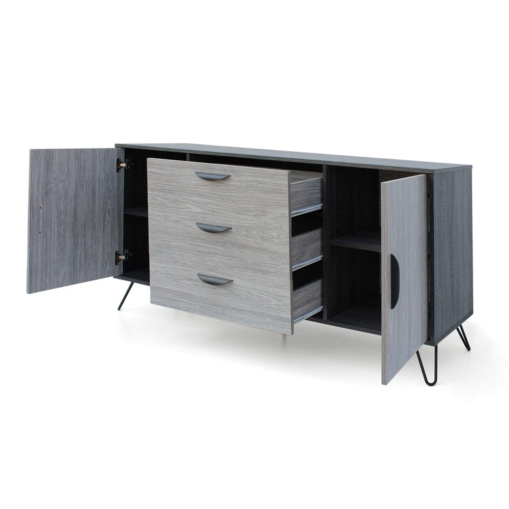 Hommoo Mid-Century Multi-Function Cabinet with Hairpin Iron Legs, 3 Drawers, and 2 Shelves - Grey Oak Finish Image 2