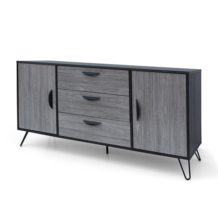 Hommoo Mid-Century Multi-Function Cabinet with Hairpin Iron Legs, 3 Drawers, and 2 Shelves - Grey Oak Finish Image 4