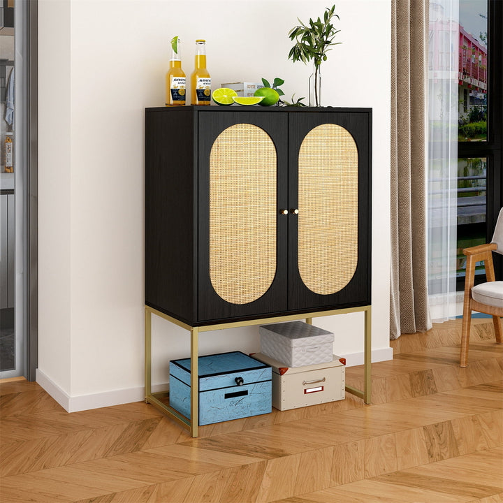 Hommoo 2 Door High Cabinet with Adjustable Shelf, Free Standing Cabinet with Natural Rattan Bark Decor, Black Image 2