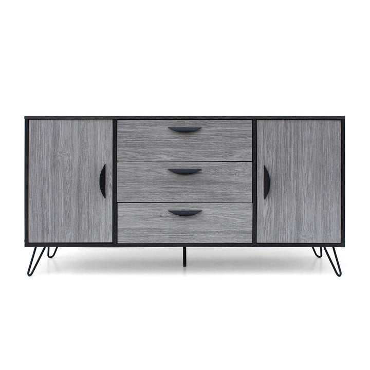 Hommoo Mid-Century Multi-Function Cabinet with Hairpin Iron Legs, 3 Drawers, and 2 Shelves - Grey Oak Finish Image 5