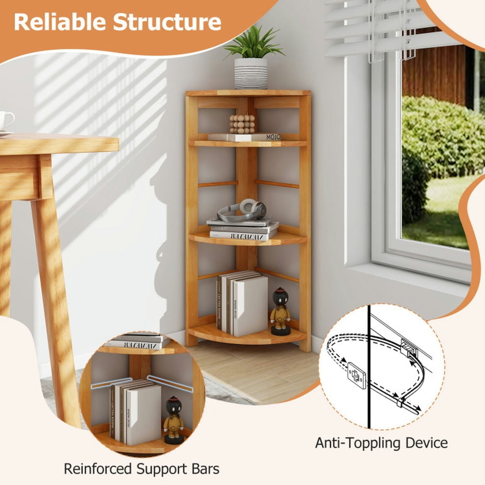 Hommoo 4-Tier Corner Shelf with Rubber Wood Frame and Anti-Toppling Kit Image 2