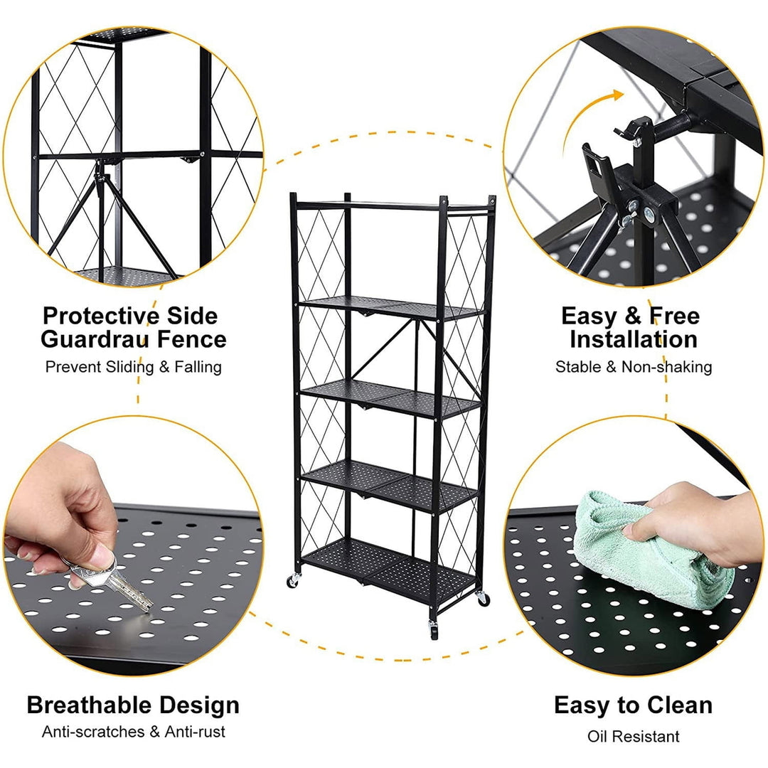 Hommoo Foldable Kitchen 5-Shelf Utility Organizer on Wheels Black Image 2