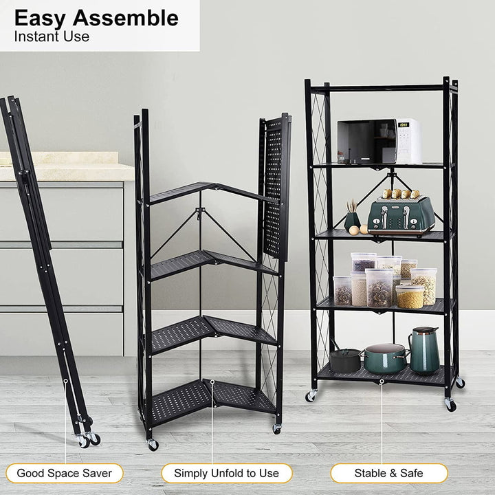 Hommoo Foldable Kitchen 5-Shelf Utility Organizer on Wheels Black Image 3