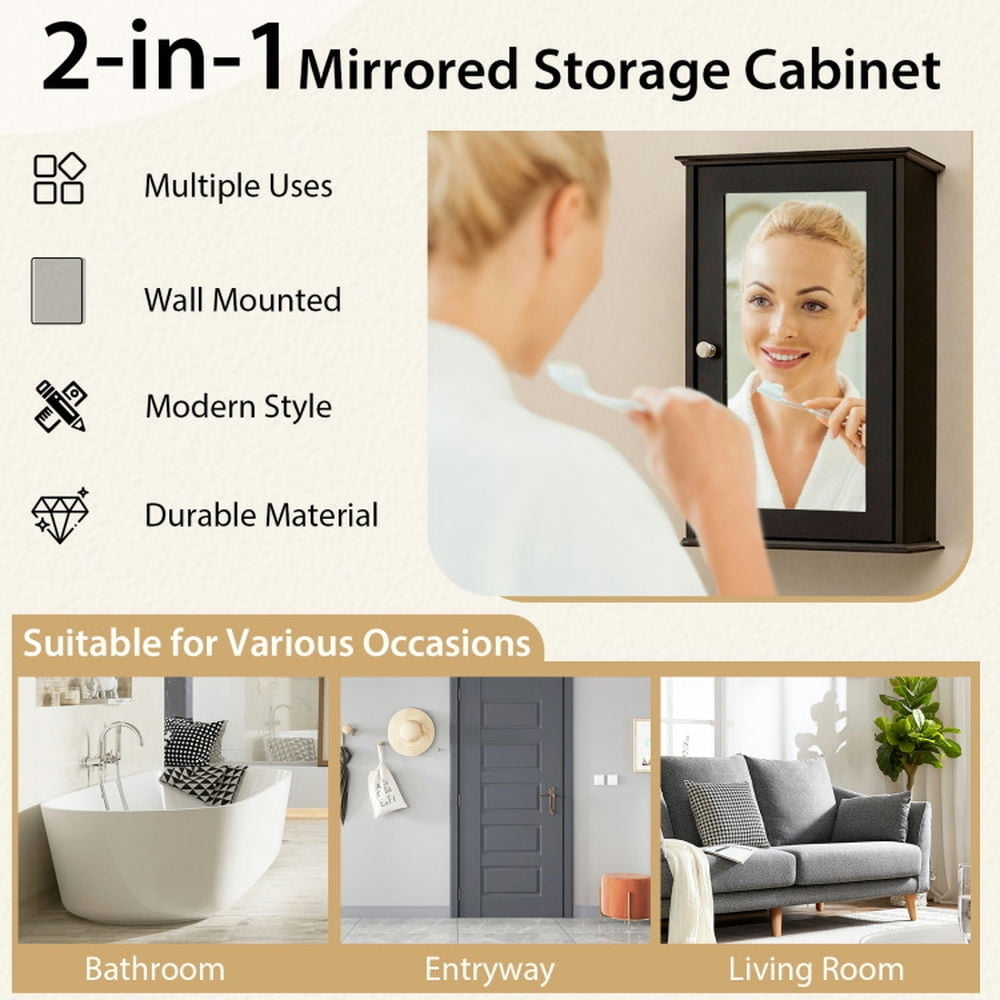 Hommoo Bathroom Wall Cabinet with Single Mirror Door-Brown, Wall Cabinet for Bathroom Laundry Room Kitchen Image 5