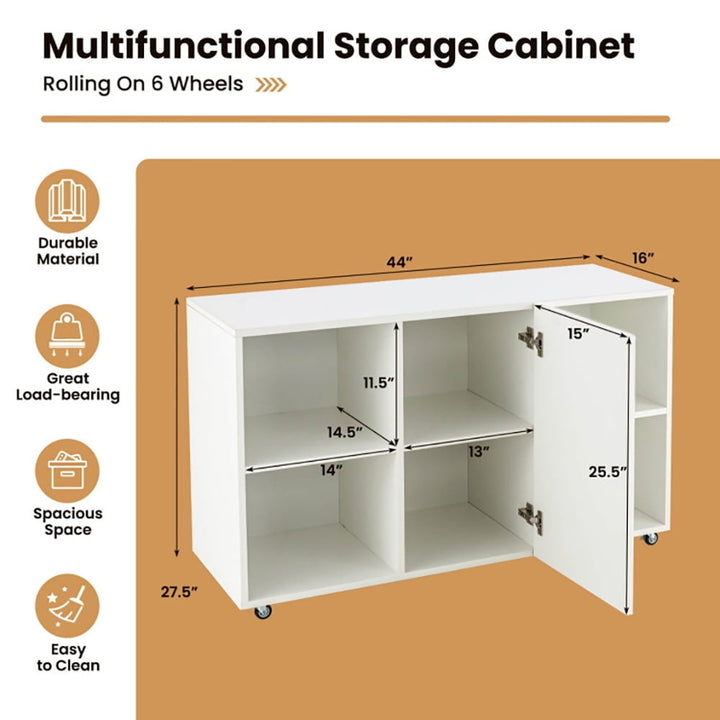 Hommoo Wood Storage Cabinet with Wheels and 6 Compartments-White, Organizer Hallway Entryway Cabinet for Living Room Image 3