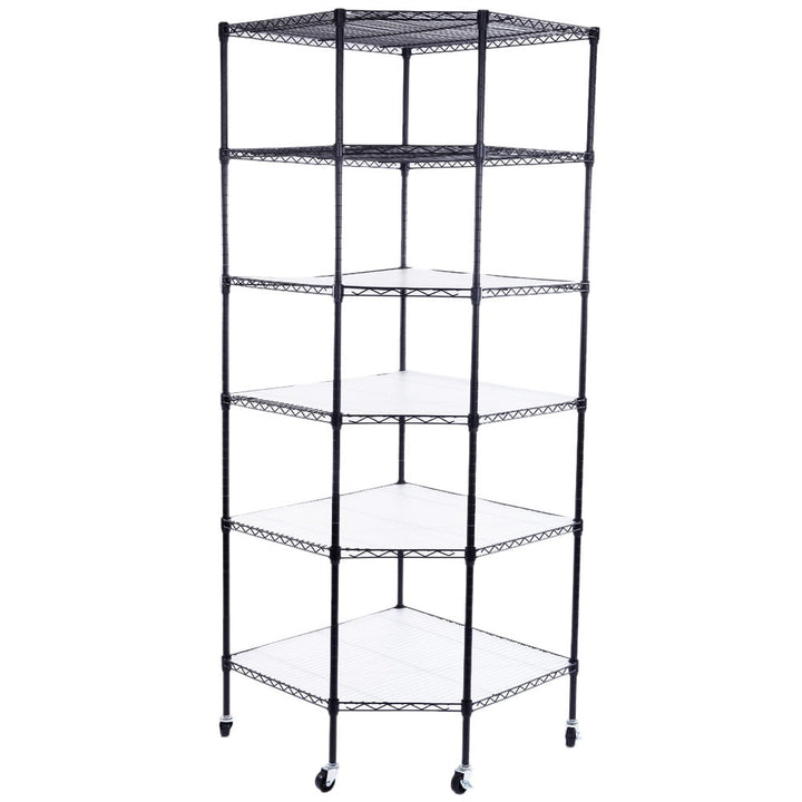 Hommoo 6-Layer Chrome Plated Polygonal Corner Shelf, Office Furniture Metal Storage Shelves with 2 Inches PP Wheels - Image 1