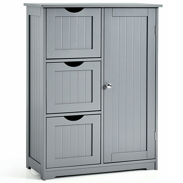 Hommoo Bathroom Floor Cabinet Side Storage Cabinet with 3 Drawers and 1 Cupboard-Gray Image 1