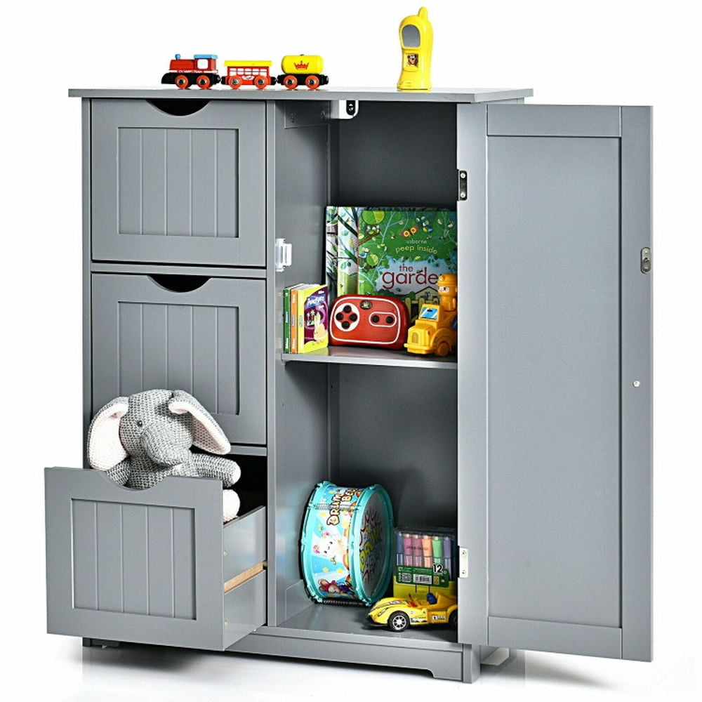 Hommoo Bathroom Floor Cabinet Side Storage Cabinet with 3 Drawers and 1 Cupboard-Gray Image 2