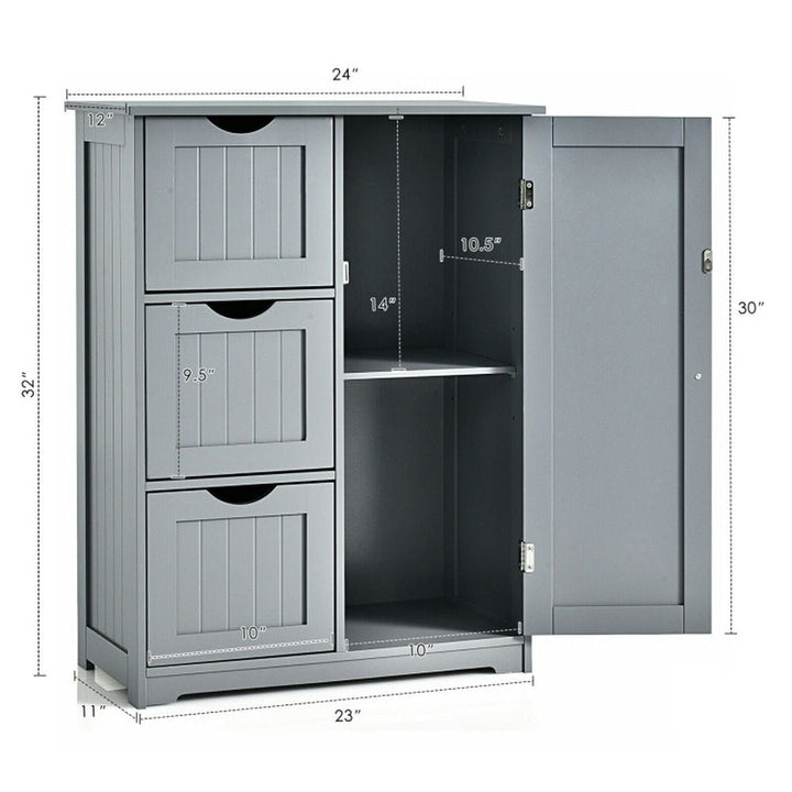 Hommoo Bathroom Floor Cabinet Side Storage Cabinet with 3 Drawers and 1 Cupboard-Gray Image 3