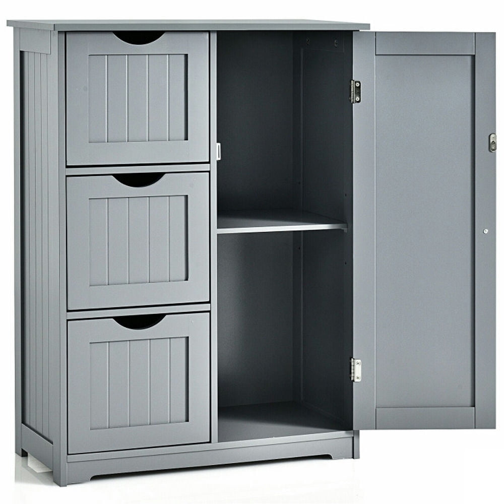 Hommoo Bathroom Floor Cabinet Side Storage Cabinet with 3 Drawers and 1 Cupboard-Gray Image 4