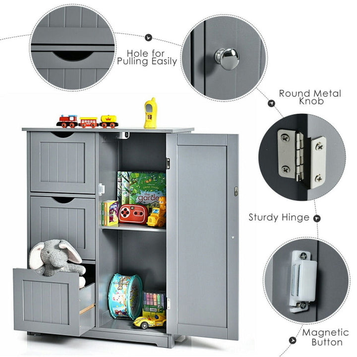 Hommoo Bathroom Floor Cabinet Side Storage Cabinet with 3 Drawers and 1 Cupboard-Gray Image 5