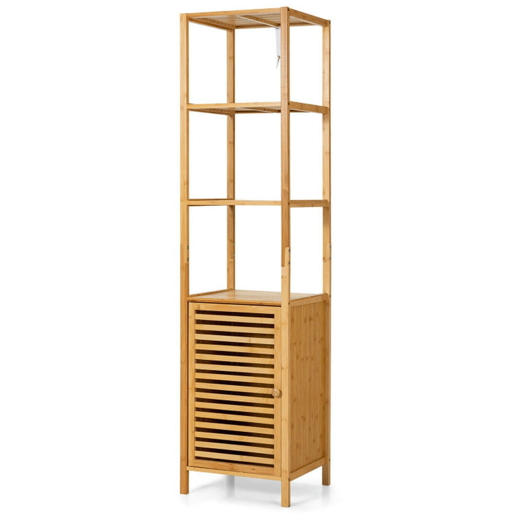 Hommoo 4 Tiers Slim Bamboo Floor Storage Cabinet with Shutter Door and Anti-Toppling Device-Natural Image 1