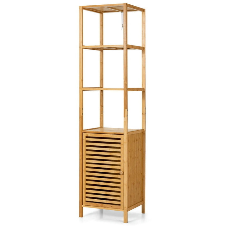 Hommoo 4 Tiers Slim Bamboo Floor Storage Cabinet with Shutter Door and Anti-Toppling Device-Natural Image 1