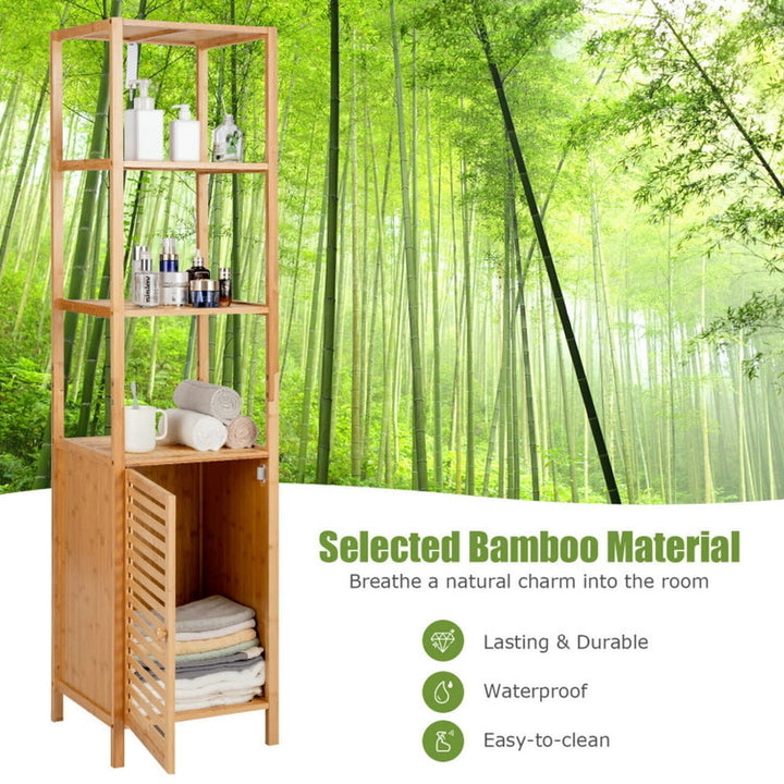 Hommoo 4 Tiers Slim Bamboo Floor Storage Cabinet with Shutter Door and Anti-Toppling Device-Natural Image 2