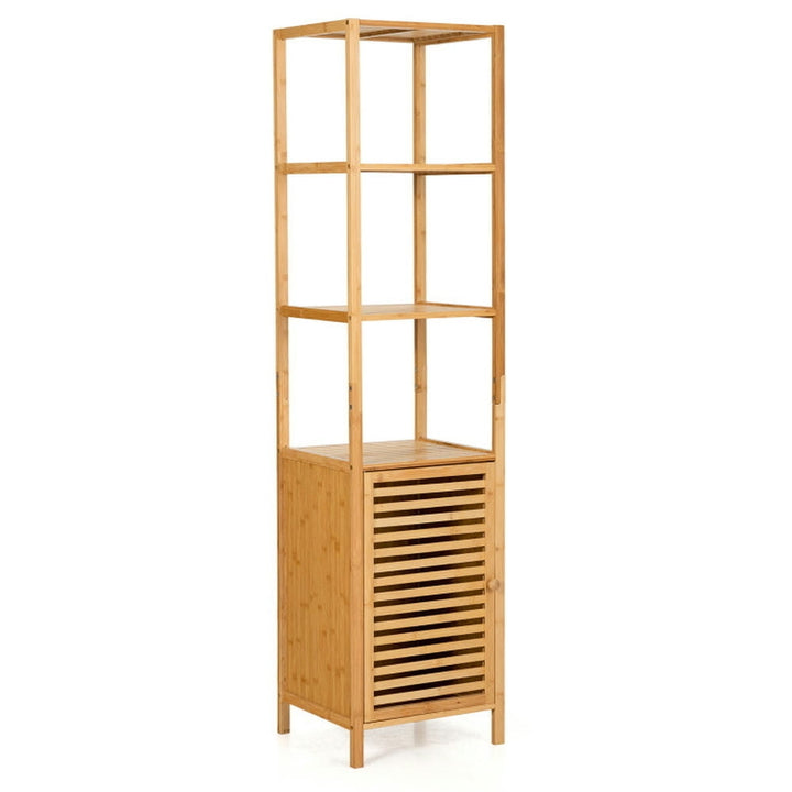 Hommoo 4 Tiers Slim Bamboo Floor Storage Cabinet with Shutter Door and Anti-Toppling Device-Natural Image 3