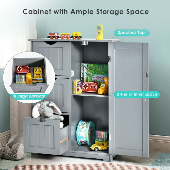 Hommoo Bathroom Floor Cabinet Side Storage Cabinet with 3 Drawers and 1 Cupboard-Gray Image 7