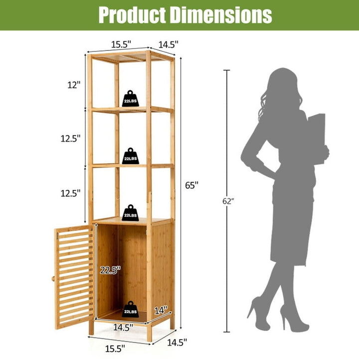 Hommoo 4 Tiers Slim Bamboo Floor Storage Cabinet with Shutter Door and Anti-Toppling Device-Natural Image 4