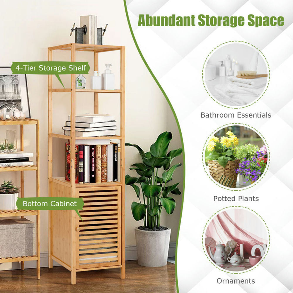 Hommoo 4 Tiers Slim Bamboo Floor Storage Cabinet with Shutter Door and Anti-Toppling Device-Natural Image 5