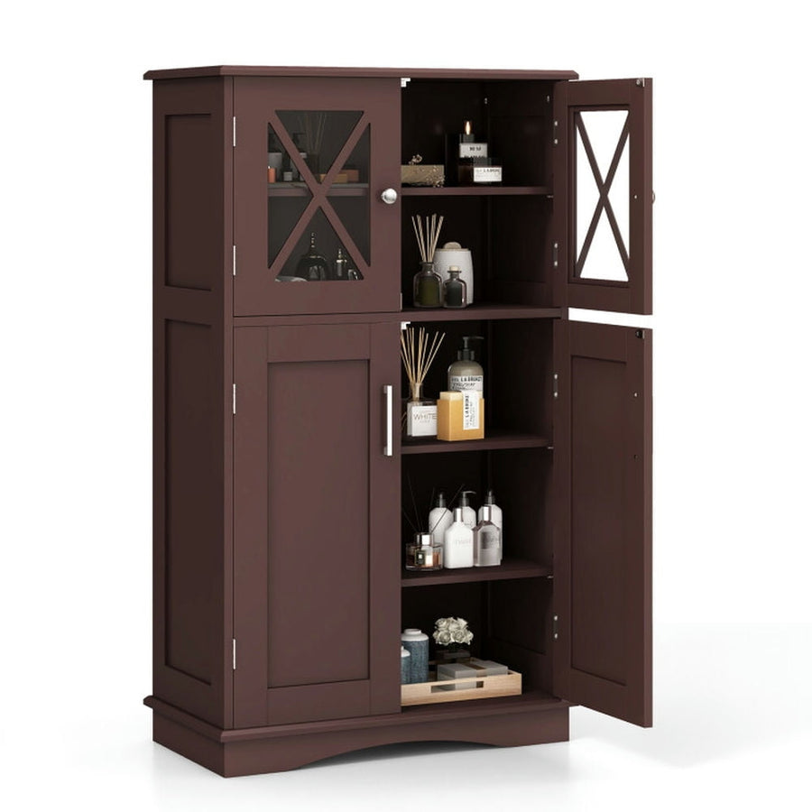 Hommoo 4 Doors Freeestanding Bathroom Floor Cabinet with Adjustable Shelves-Brown Image 1