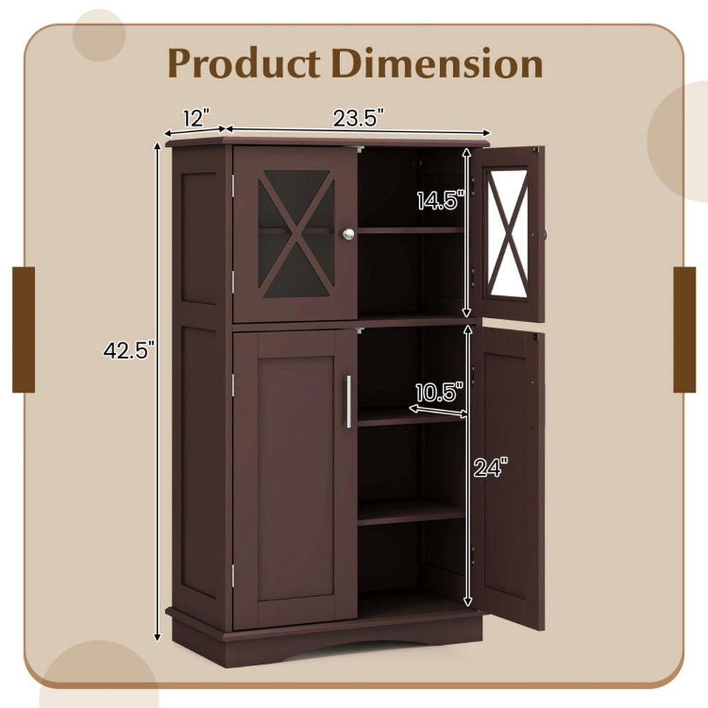 Hommoo 4 Doors Freeestanding Bathroom Floor Cabinet with Adjustable Shelves-Brown Image 3