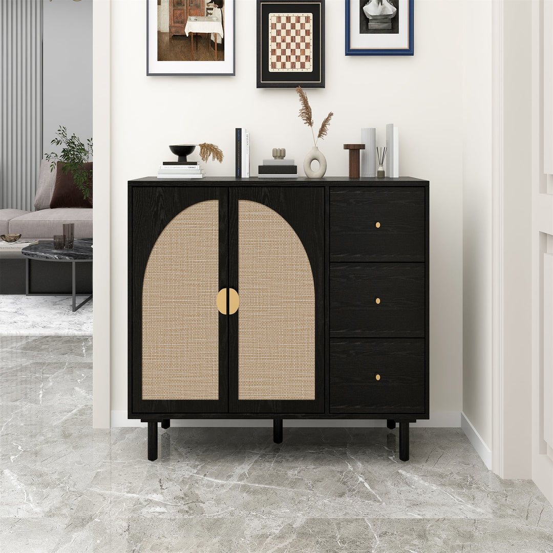 Hommoo Rattan Storage Cabinet with 2 Door 3 Drawer Cabinet, Kitchen Pantry Cabinet with Storage for Dining Room, Image 1