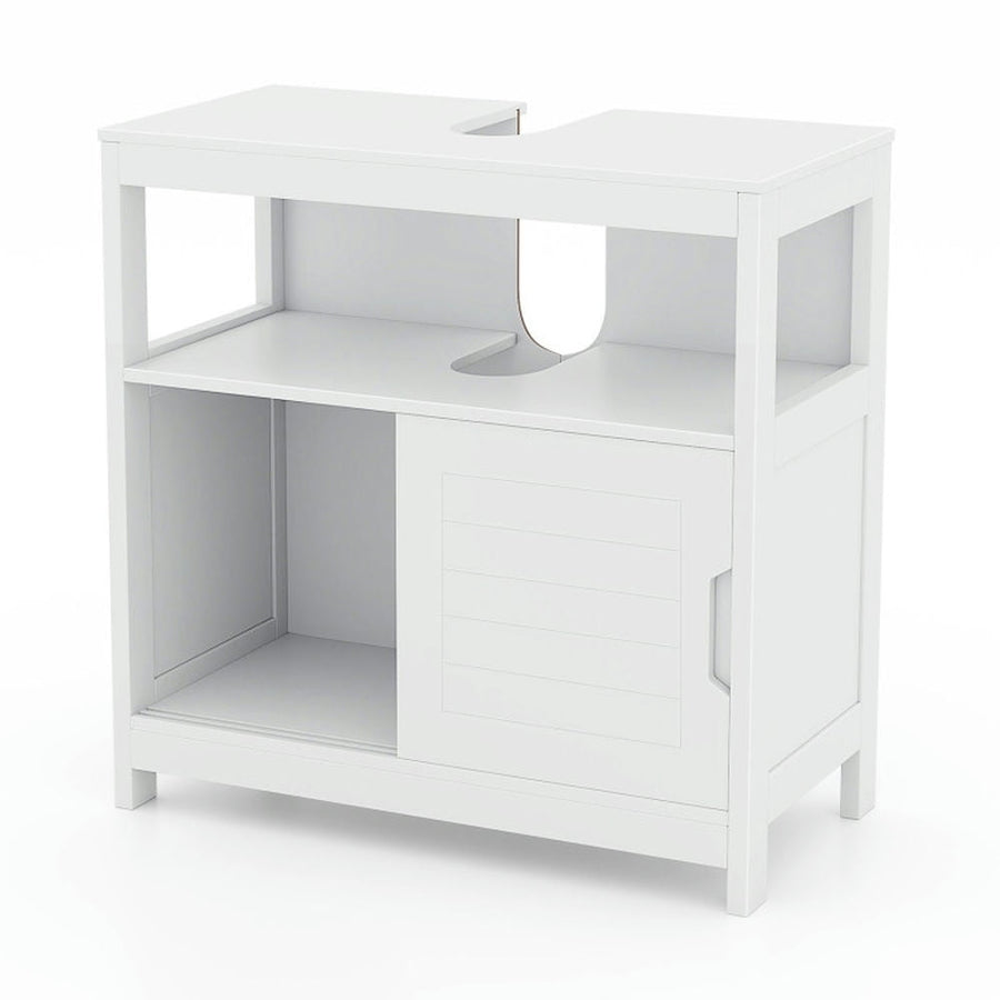 Hommoo Pedestal Sink Storage Cabinet with 2 Sliding Doors and U-shaped Cut-out-White Image 1