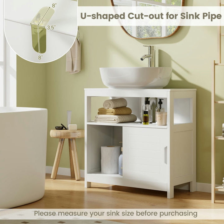 Hommoo Pedestal Sink Storage Cabinet with 2 Sliding Doors and U-shaped Cut-out-White Image 2