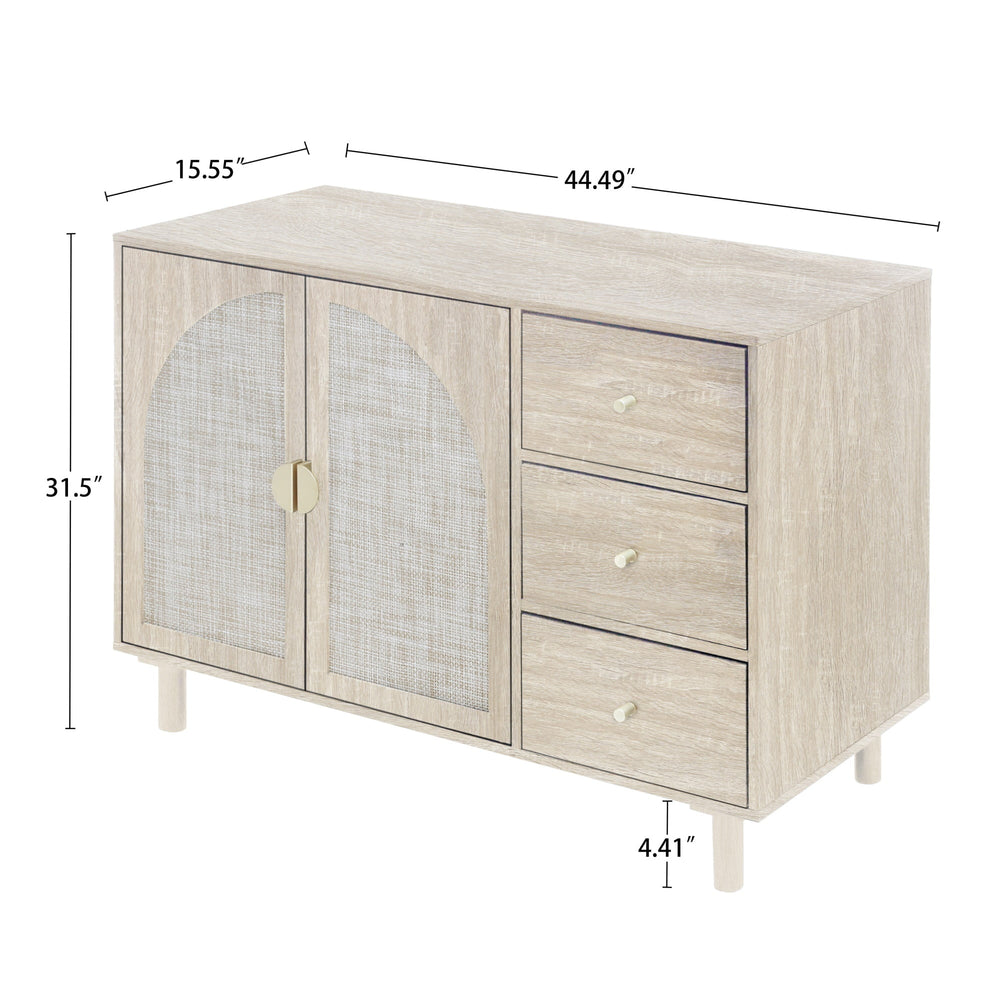 Hommoo Rattan Storage Cabinet with 2 Door 3 Drawer Cabinet, Kitchen Pantry Cabinet with Storage for Dining Room, Image 2