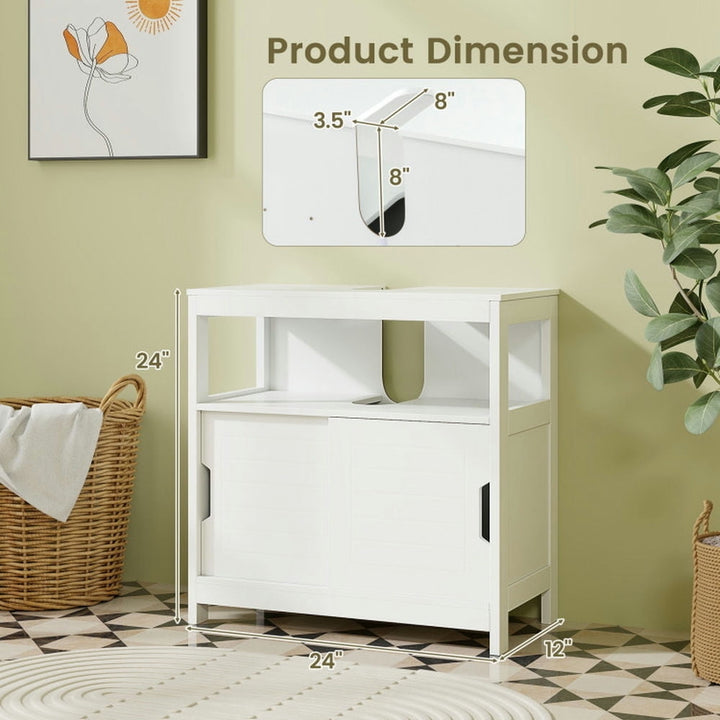 Hommoo Pedestal Sink Storage Cabinet with 2 Sliding Doors and U-shaped Cut-out-White Image 5