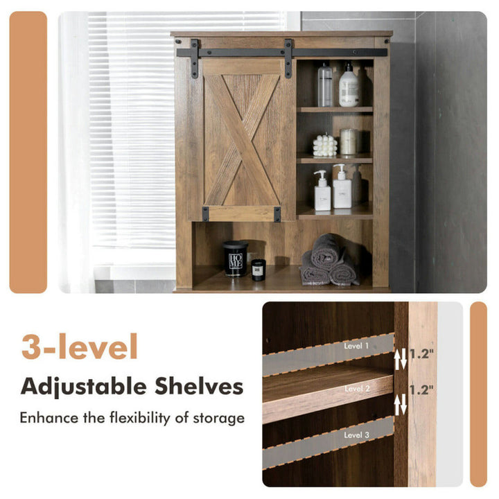 Hommoo Wooden Bathroom Storage Cabinet with Sliding Barn Door and 3-level Adjustable Shelves-Rustic Brown, Bathroom Image 5