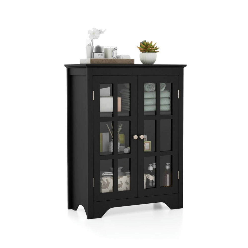 Hommoo Freestanding Display Storage Cabinet with 2 Glass Doors and Adjustable Shelves-Black Image 3